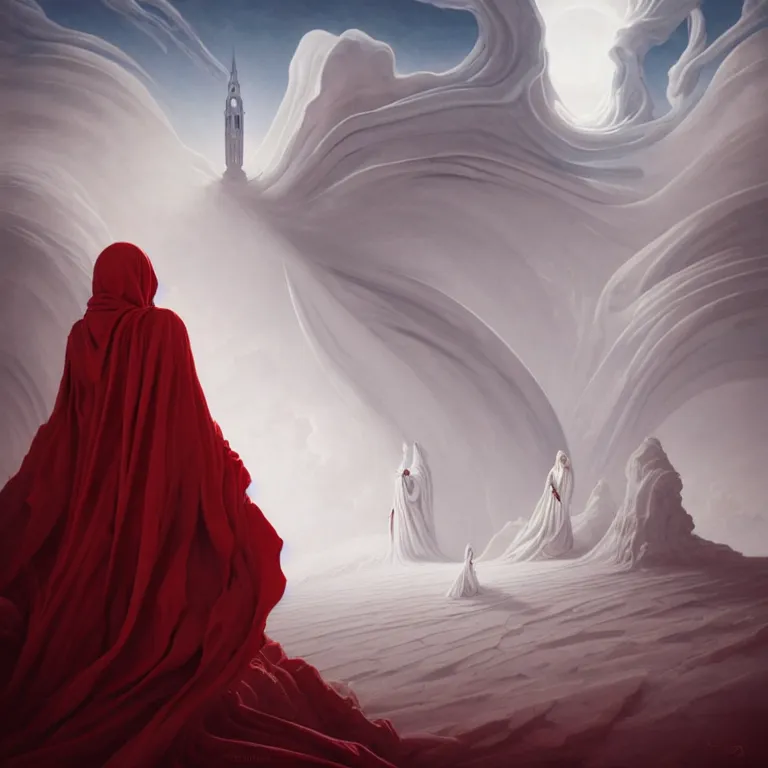Image similar to one lone singular swirling otherworldly angelic figure shrouded in red robes emerges from extensive barren white dunescape, matte painting by peter mohrbacher and filip hodas, background basilica! sacre coeur, godrays, high contrast, highly detailed, a