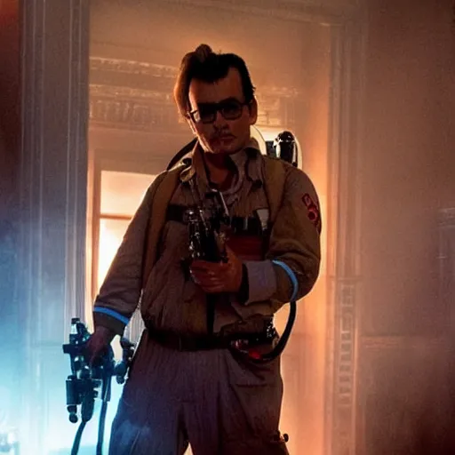 Image similar to stunning awe inspiring johnny depp as a ghostbuster in the movie ghostbusters, movie still 8 k hdr atmospheric lighting