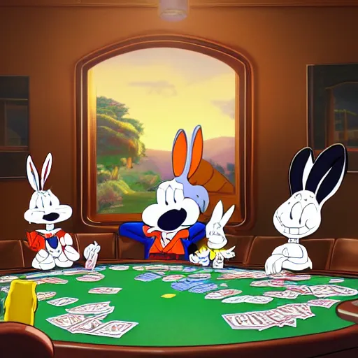 Image similar to a highly detailed vector picture of bugs bunny and captain cruch and snoopy and bender playing poker, art by dan mumford and yusuke murata and makoto shinkai and ross tran, octane render, 4 k resolution, trending on artstation, masterpiece