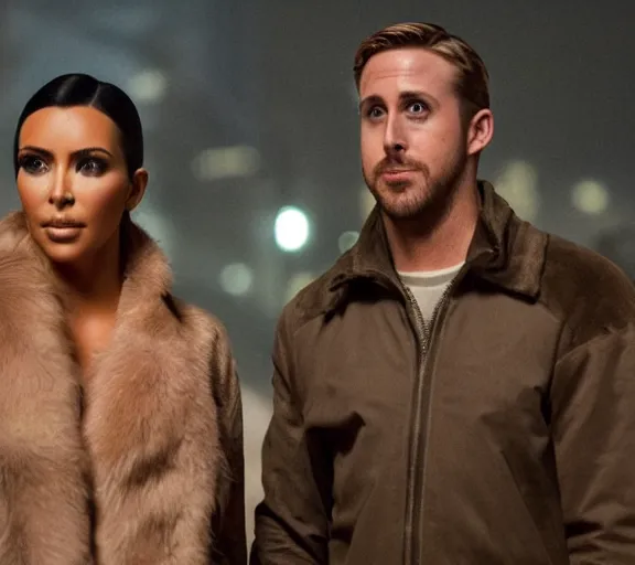 Image similar to a movie still of kim kardashian talking with ryan gosling in the movie blade runner 2 0 4 9