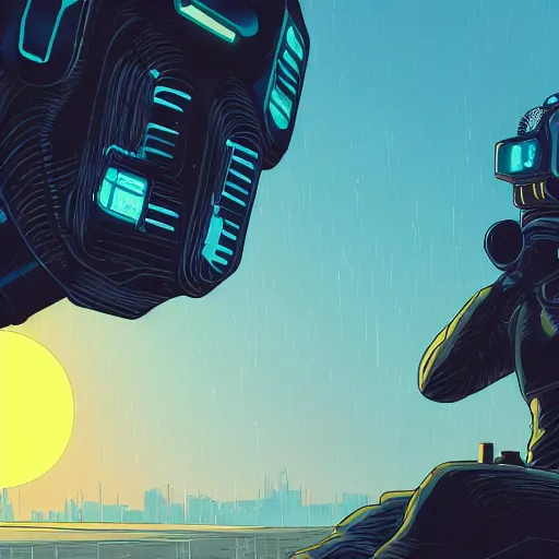 Image similar to in the style of max prentis and deathburger and laurie greasley a close up of a young explorer wearing a cyberpunk headpiece sitting on the head of a giant robot watching the sunset in the distance, highly detailed, 8k wallpaper