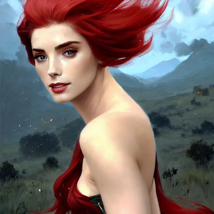 Image similar to portrait of a combination of Ashley Greene, Adriana Dxim, Grace Kelly and Lily Collins with red hair wearing Warframe armor, countryside, calm, fantasy character portrait, dynamic pose, above view, sunny day, thunder clouds in the sky, artwork by Jeremy Lipkin and Giuseppe Dangelico Pino and Michael Garmash and Rob Rey and Greg Manchess and Huang Guangjian and Makoto Shinkai, very coherent asymmetrical artwork, sharp edges, perfect face, simple form, 100mm