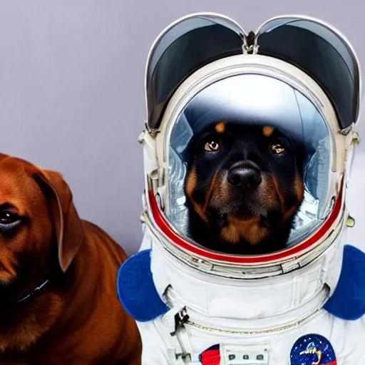 Prompt: a rottweiler dog wearing an astronaut helmet in space