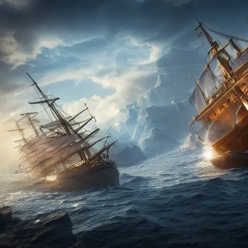 Image similar to ancient ship battle, highly detailed, photorealistic portrait, bright studio setting, studio lighting, crisp quality and light reflections, unreal engine 5 quality render