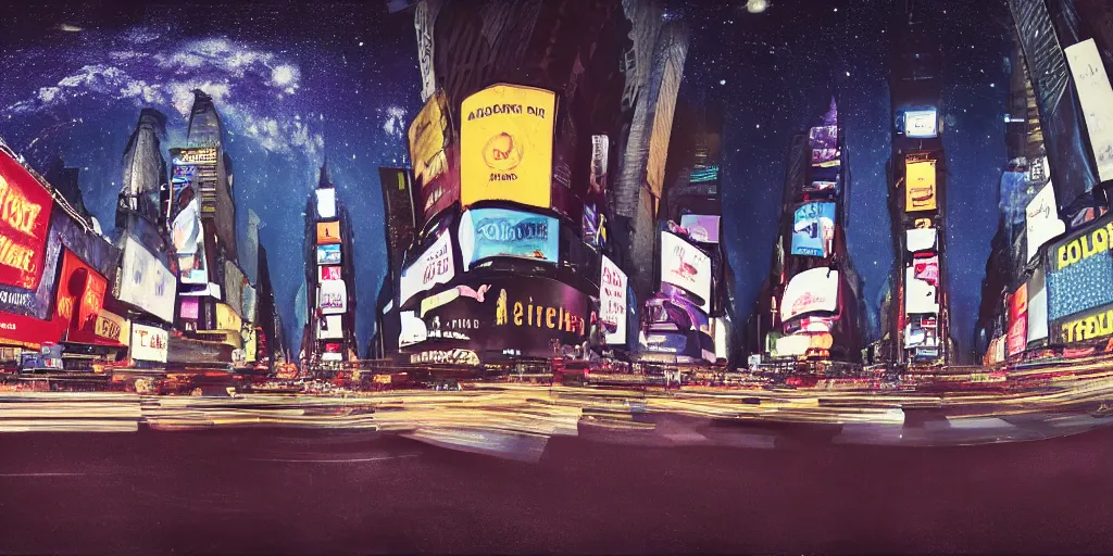 Prompt: a detailed beautiful matte painting of time square under a starry night sky, signs, neon signs, taxis by Mikko Lagerstedt and Michal Karcz, fisheye lens