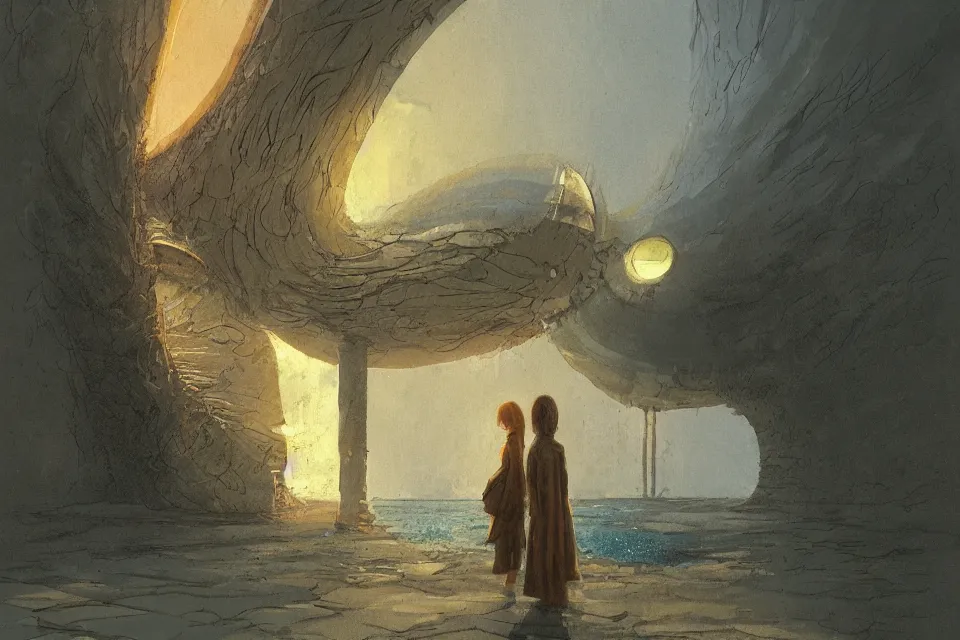 Image similar to atmospheric painting of a giant seashell house, a young girl stands outside, by moebius and john harris, atmospheric, concept art, saturation 20