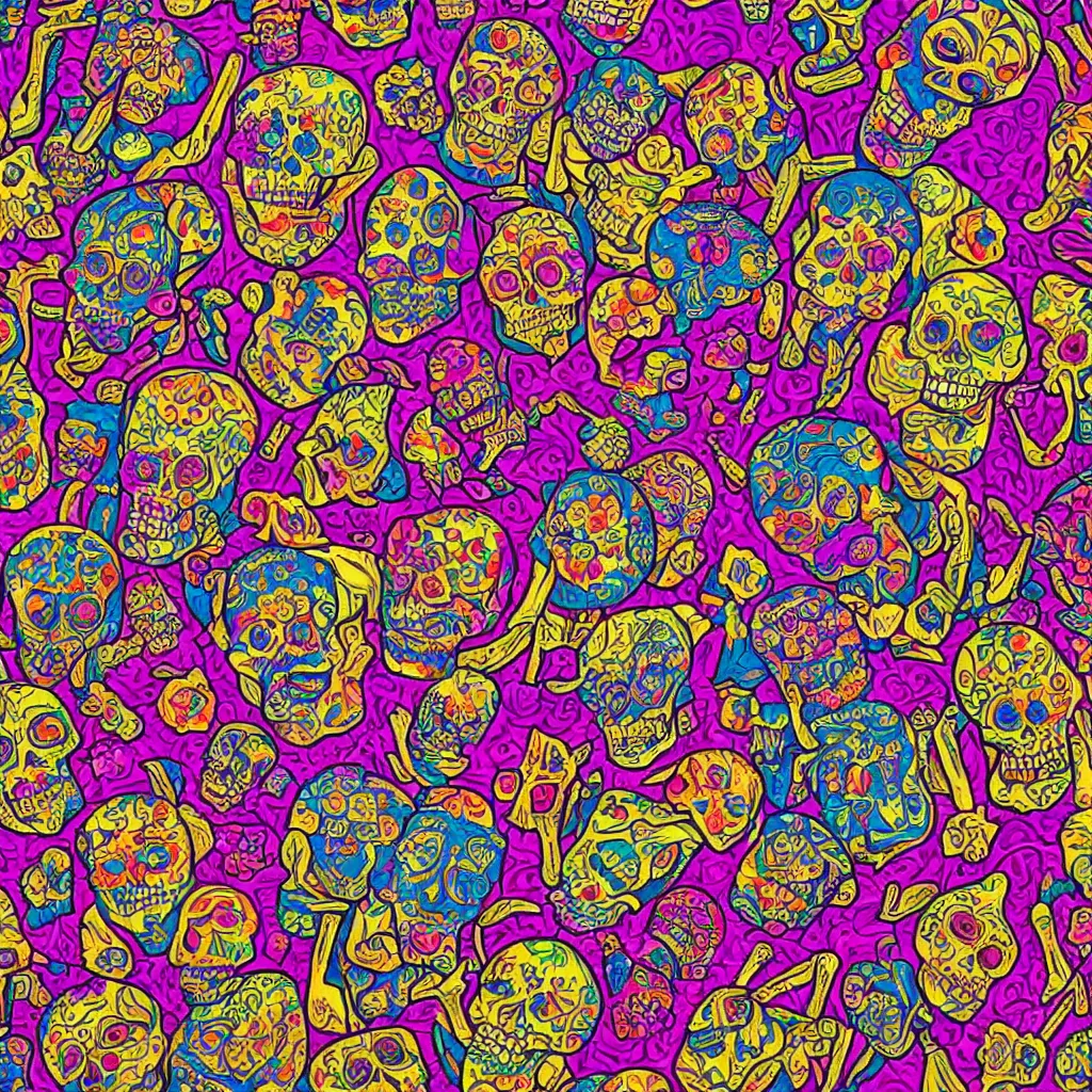 Image similar to Dia de Los Muertos sugar skull in the style of Alex Grey