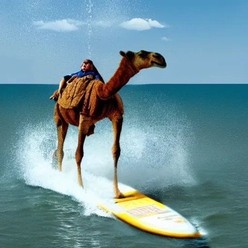 Prompt: hyperrealistic photo of a camel surfing