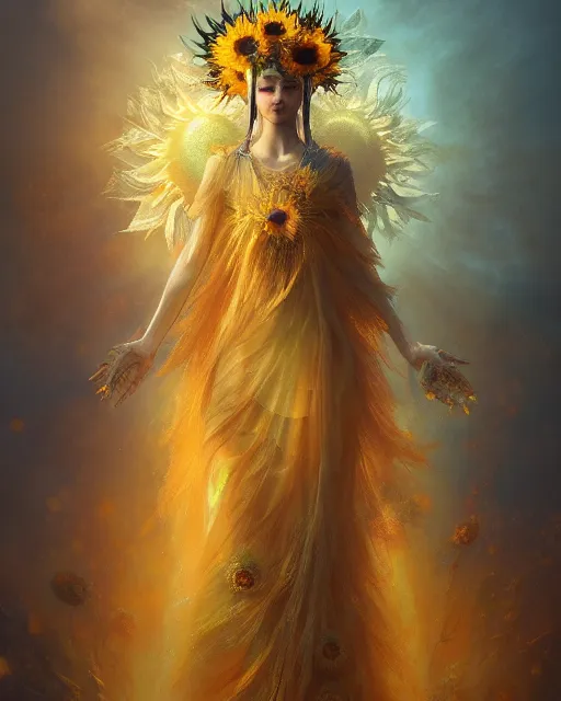 Image similar to Full View Portrait Mystical ethereal sunflower deity wearing beautiful dress, sunflower Dryad beautiful dress, 4k digital masterpiece by Greg Rutkowski and Ruan Jia and rossdraws, Alberto Seveso, fantasycore, Hyperdetailed, realistic oil on linen, soft lighting, Iconography background, featured on Artstation