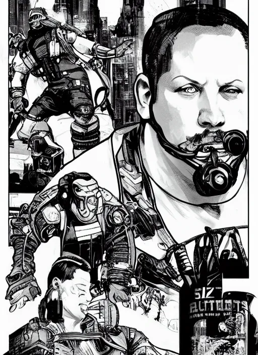 Image similar to cyberpunk paul blart fighting kickboxer. portrait by ashley wood and alphonse mucha and laurie greasley and josan gonzalez and james gurney. spliner cell, apex legends, rb 6 s, hl 2, d & d, cyberpunk 2 0 7 7. realistic face. vivid color. dystopian setting.