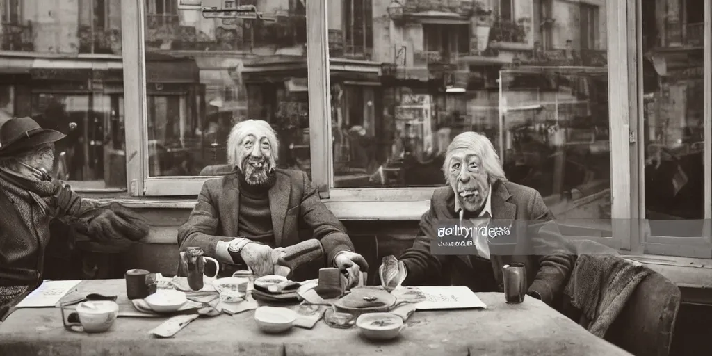 Image similar to mcgregor and jean rochefort are having a coffee. they are on nice conversation. a brown furry cat sits at the middle of the table. strong colours. nice atmosphere. 2 0 th century paris is seen on window. tobacco smoke. antique coffee cups.