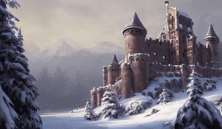 Image similar to a painting of a castle in the middle of a snowy mountain, a detailed matte painting by andreas rocha and greg rutkowski, featured on artstation, fantasy art, matte drawing, matte painting, artstation hq