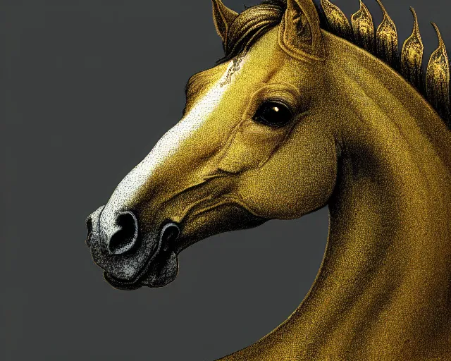 Image similar to side portrait of a horse which disintegrates into ornamental flowers and plants, uniquely beautiful animal, emotionally evoking symbolic metaphors, head in focus, heavily gothic ornamental, intricate, elegant, highly detailed photorealistic digital painting, artstation, concept art, painterly, golden ratio, sharp focus, illustration, art by greg rutkowski and alphonse mucha,