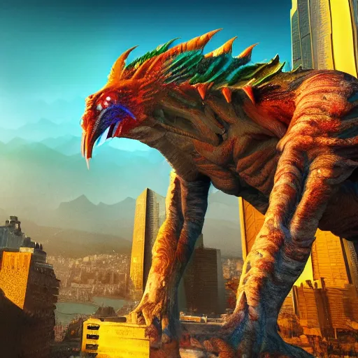 Image similar to giant creature with a city on top of his shoulders, ultra detailed, well composed, epic, beautiful colors, 8 k