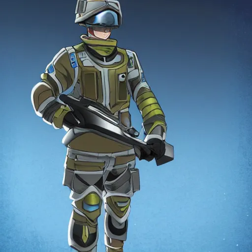 Image similar to a futuristic soldier captain with a metal visor and a blue shoulderpad in anime style