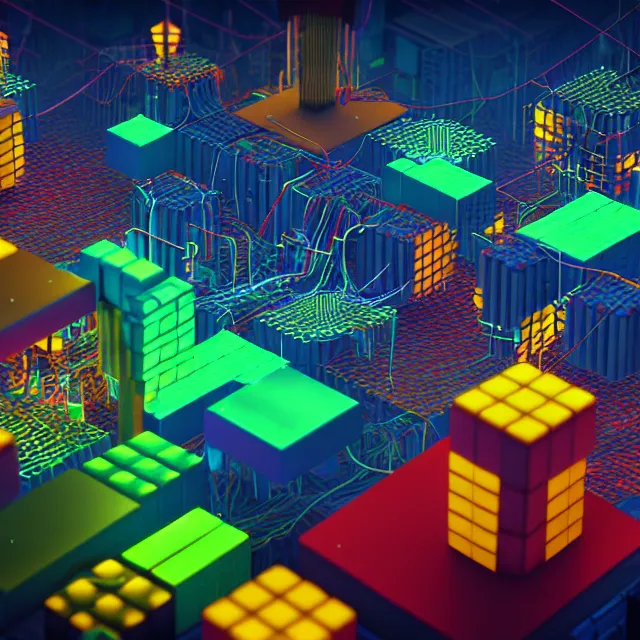 Image similar to 3 d render of glowing futuristic voxel abstract blocks tied together with chains, abstract cubes connected with wires, in the distance a cyberpunk blockchain city is seen, blockchain, symmetry, painted, intricate, volumetric lighting, beautiful, rich deep colors masterpiece, sharp focus, ultra detailed, in the style of dan mumford and marc simonetti