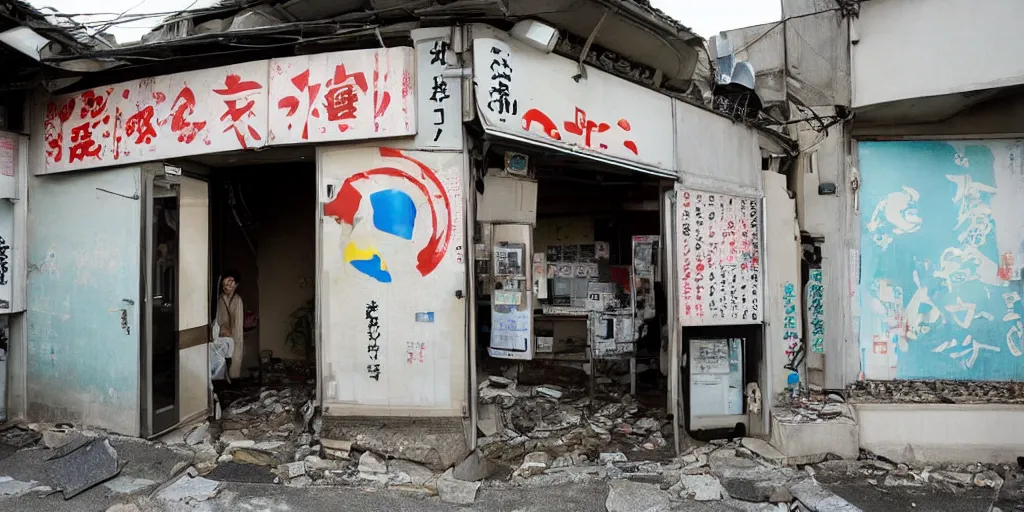 Prompt: an exterior of an abandoned internet cafe in japan, with the japanese sign and art of people playing computers