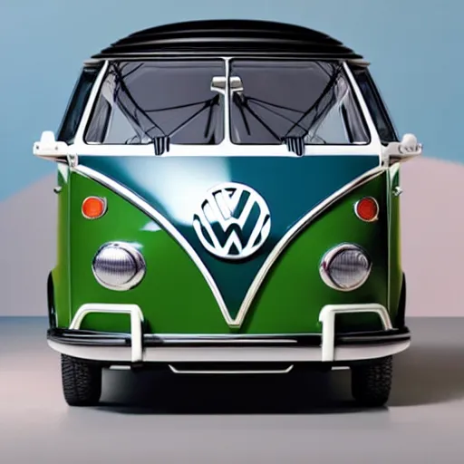 Image similar to a volkswagen type - 2 microbus as a pear on a trampoline, close - up of face, distorted