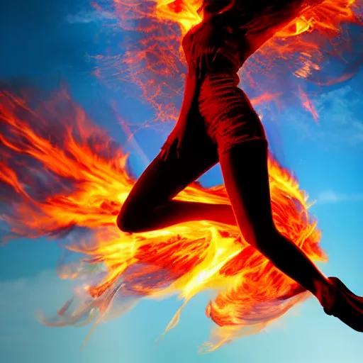 Image similar to realistic cinematic photo of phoenix girl in flames flying in the sky