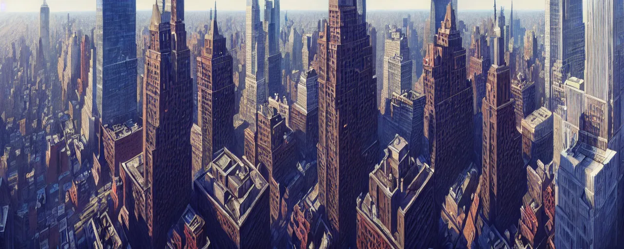 Image similar to photo of new york city center. aerial. architecture. trending on artstation. cgsociety. art by greg rutkowski and moebius