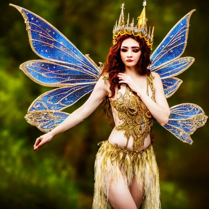 Image similar to full body photo of a very beautiful!! fairy queen with ornate sparkling robes, highly detailed, 4 k, hdr, smooth, sharp focus, high resolution, award - winning photo