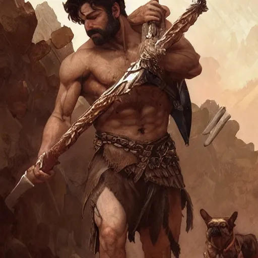 Prompt: portrait of a gruff ranger carrying the holy lance of longinus, Cain, muscular, hairy body, with a dog, intricate, elegant, highly detailed, digital painting, artstation, concept art, matte, sharp focus, illustration, art by Artgerm and Greg Rutkowski and Alphonse Mucha