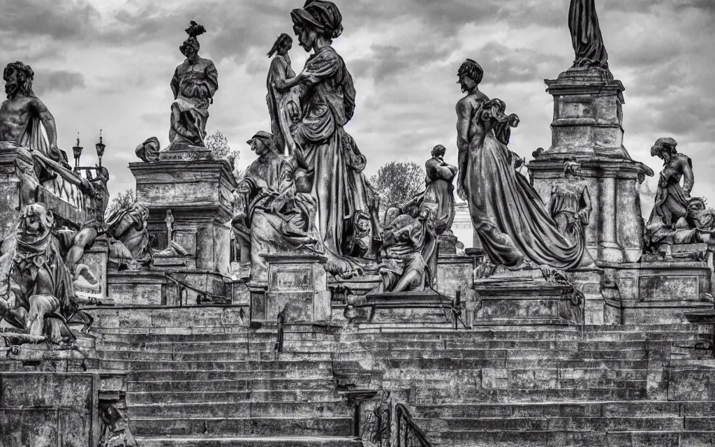 Prompt: the statue park in st. petersburg, by patrick brown, monochrome,