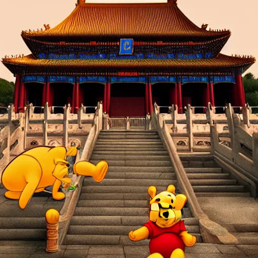 Image similar to winnie the pooh explores the forbidden city in china, award winning photgraphy, extremely detailed artstation 8 k sensual lighting epic composition