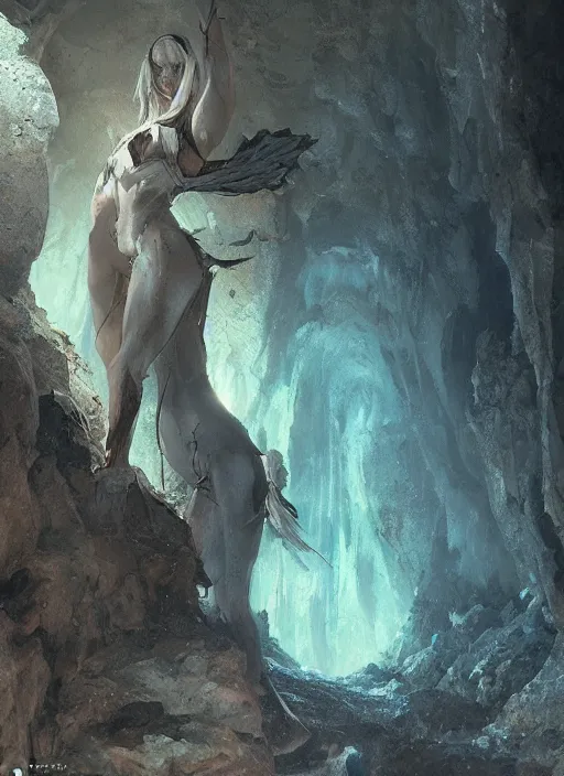 Prompt: a succubus in a cave, greg rutkowski, 8 k, shallow depth of field, intricate detail, concept art,