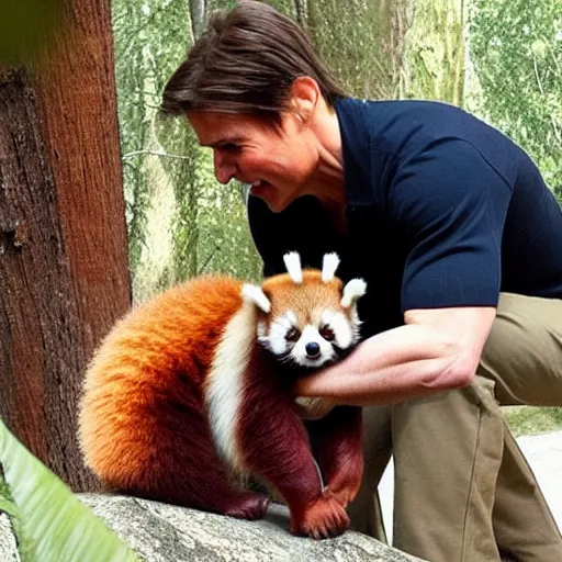 Prompt: tom cruise petting his pet red panda