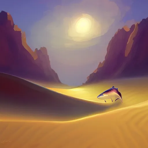 Image similar to a desert shark swimming through sand dunes, warm and cool colour palette, digital painting, artstation, art by lily abdullina,