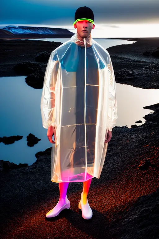 Image similar to an ultra high definition professional high fashion portrait studio full length photograph of a male model wearing a transparent pearlescent raincoat and neon visor in an icelandic black rock environment at dawn. no artefacts. extremely detailed. stark. refraction. shallow depth of field. volumetric light and shadow. ray tracing. light rays.