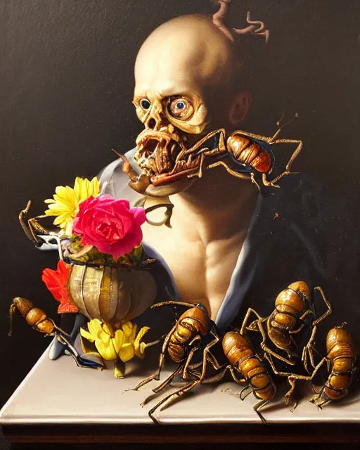 Image similar to refined gorgeous blended oil painting with black background by christian rex van minnen rachel ruysch dali todd schorr of a chiaroscuro portrait of an extremely bizarre disturbing mutated man made of still life flowers and rubber insects with shiny skin acne dutch golden age vanitas intense chiaroscuro cast shadows obscuring features dramatic lighting perfect symmetry perfect composition masterpiece