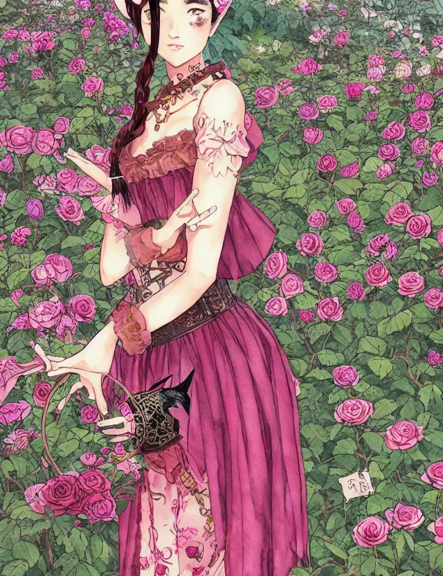 Prompt: central asian woman with cat ears, wearing a lovely dress in a steampunk rose garden. this watercolor painting by the award - winning mangaka has impeccable lighting, an interesting color scheme and intricate details.