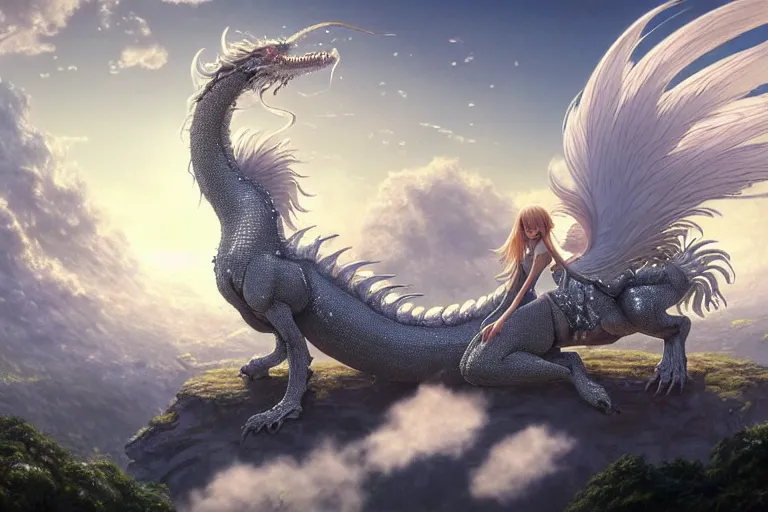 Image similar to the beautiful hyper detailed big scene render that a beautiful girl sitting on the back of a huge silver white dragon alone in fairyland surrounded by white clouds, finely detailed angelic face delicate features, style of studio ghibli, makoto shinkai, raphael lacoste, artgerm, karol bak, kazuki tanahashi, james jean, ross tran, ultra wide angle