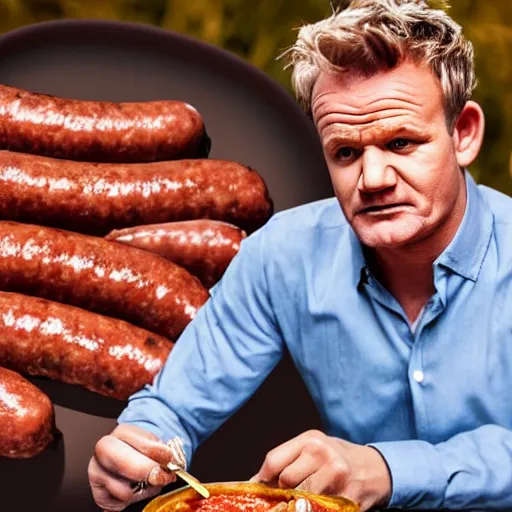 Prompt: gordon ramsey eating sausages with sauce and not liking it, high quality photograph, photorealist F1.8