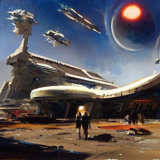 Image similar to spaceport, by jeremy mann, john berkey.