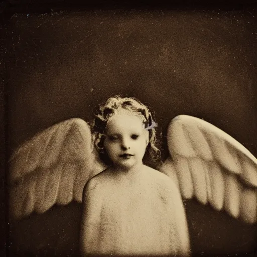 Prompt: closeup wet plate photograph of an angel dancing on the head of a pin, daguerreotype, collodion photography, studio lights, eye catching, exaggerated texture