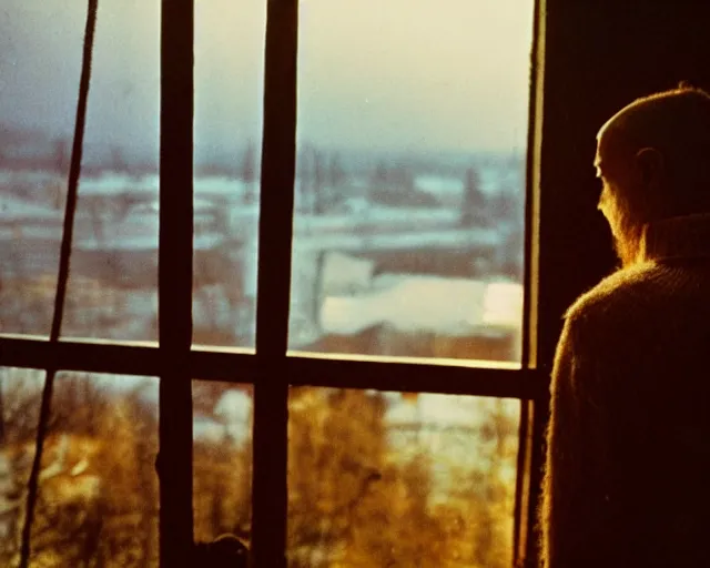 Image similar to award - winning lomographic tarkovsky film still of 4 0 years russian man with beard and sweater standing on small hrushevka 9 th floor balcony in taiga looking at sunset, cinestill, bokeh