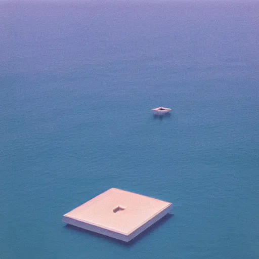 Prompt: a photo of a massive Non-Euclidean clay building floating in the ocean, vintage photo, beautiful cinematography, blue sky, surreal, film grain, symmetrical, James Turrell