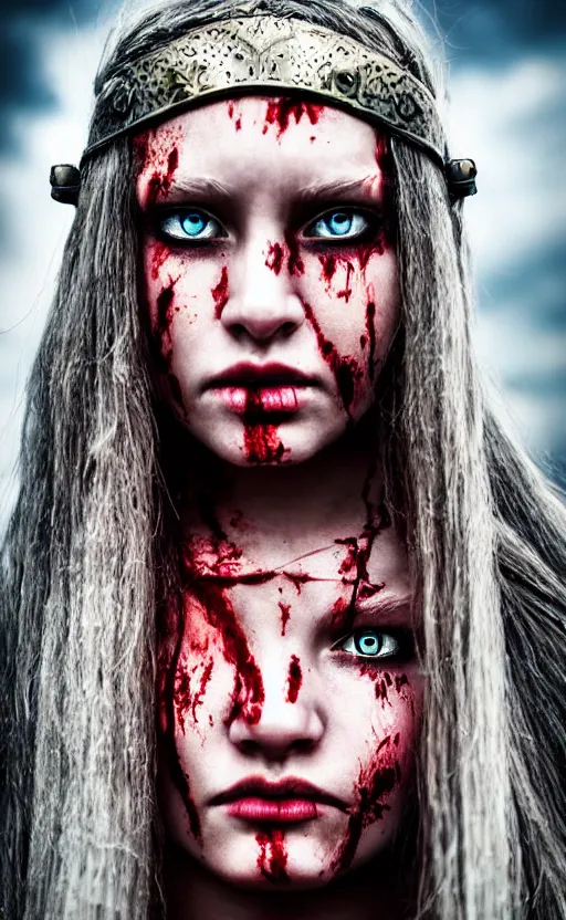 Prompt: photorealistic photograph of beautiful female teen viking warrior with large angry eyes, bloody, cinematic,