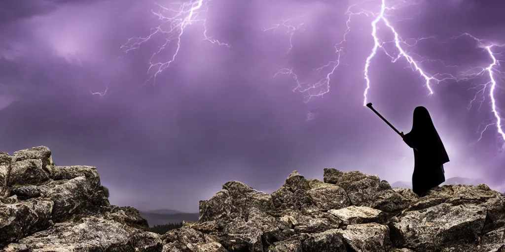 Image similar to the grim reaper standing on a rocky mountain shredding a guitar in a thunderstorm on a purple sky, widescreen