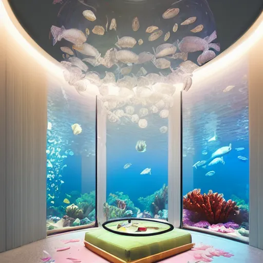 Image similar to photo of the modern fashionable room as aquarium with a chandelier as a big jellyfish, beautiful corals on the walls and dangerous sharks on the big panoramic window, realism, sharp details, cinematic, a lot of gleans, under the ocean, realistic colors, realistic shadows, daylight by beeple