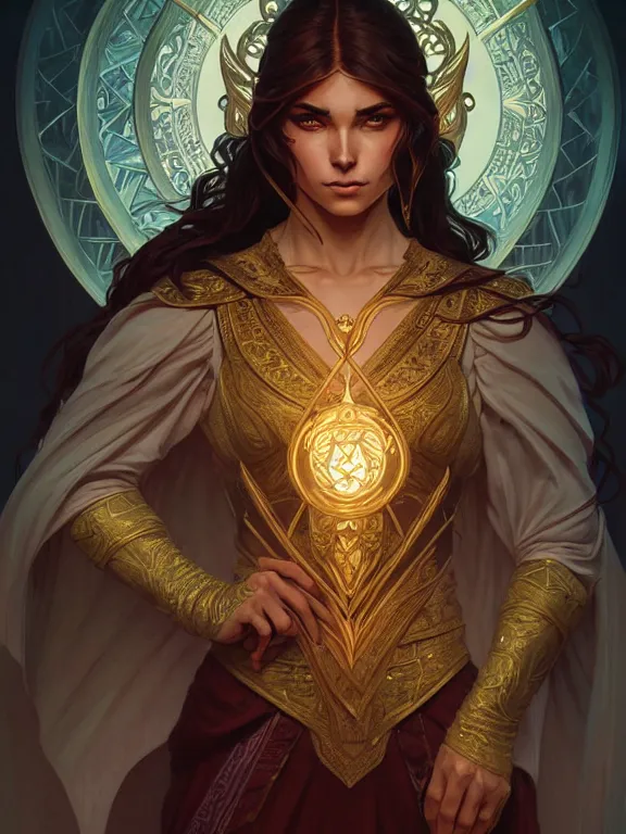 Image similar to symmetry!! intense fanart of a rebeca as a mage warrior as acotar protagonist, magic background, intricate, elegant, highly detailed, my rendition, digital painting, artstation, concept art, smooth, sharp focus, illustration, art by artgerm and greg rutkowski and alphonse mucha