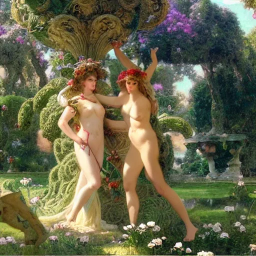 Image similar to athena and medusa frolic in a meadow of beautiful flowers, large topiary and marble pillars in the background, painting by gaston bussiere, craig mullins, j. c. leyendecker, tom of finland