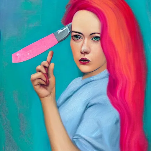 Image similar to person with pink hair holding a knife and smoking weed, cinematic, 4 k, oil painting