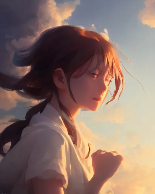 Image similar to a girl made of clouds and sky, full shot, atmospheric lighting, detailed face, by makoto shinkai, stanley artgerm lau, wlop, rossdraws