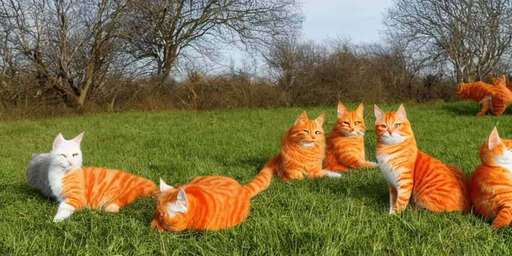 Image similar to three orange cats and two grey cats relaxing in a field