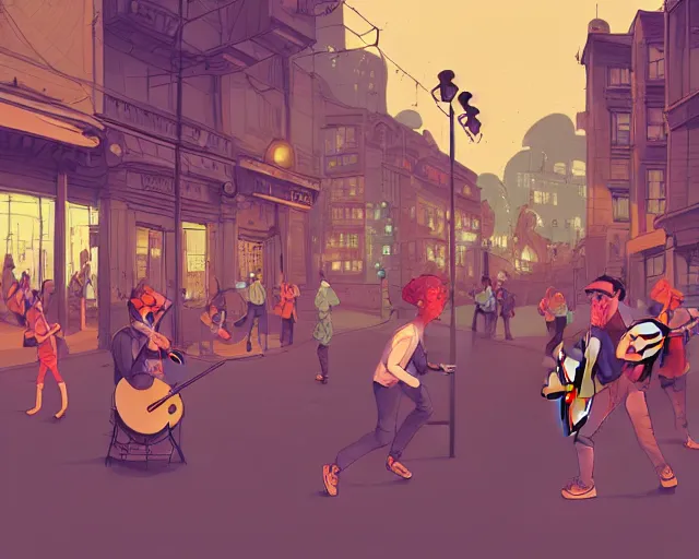 Image similar to a study of cell shaded cartoon of music band playing music street lamps, road, illustration, wide shot, subtle colors, post grunge, concept art by josan gonzales and wlop, by james jean, Victo ngai, David Rubín, Mike Mignola, Laurie Greasley, highly detailed, sharp focus, Trending on Artstation, HQ, deviantart, art by artgem