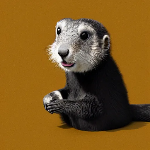 Image similar to cute anthro marmot in a black tuxedo while holding a yellow pencil in the left hand, digital art, 3 d rendered in octane, blender, maya, shadows, lighting